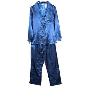 Kay Anna Women's Blue Floral 2 Piece Satin Pants Top Pajamas Set Loungewear Sz M